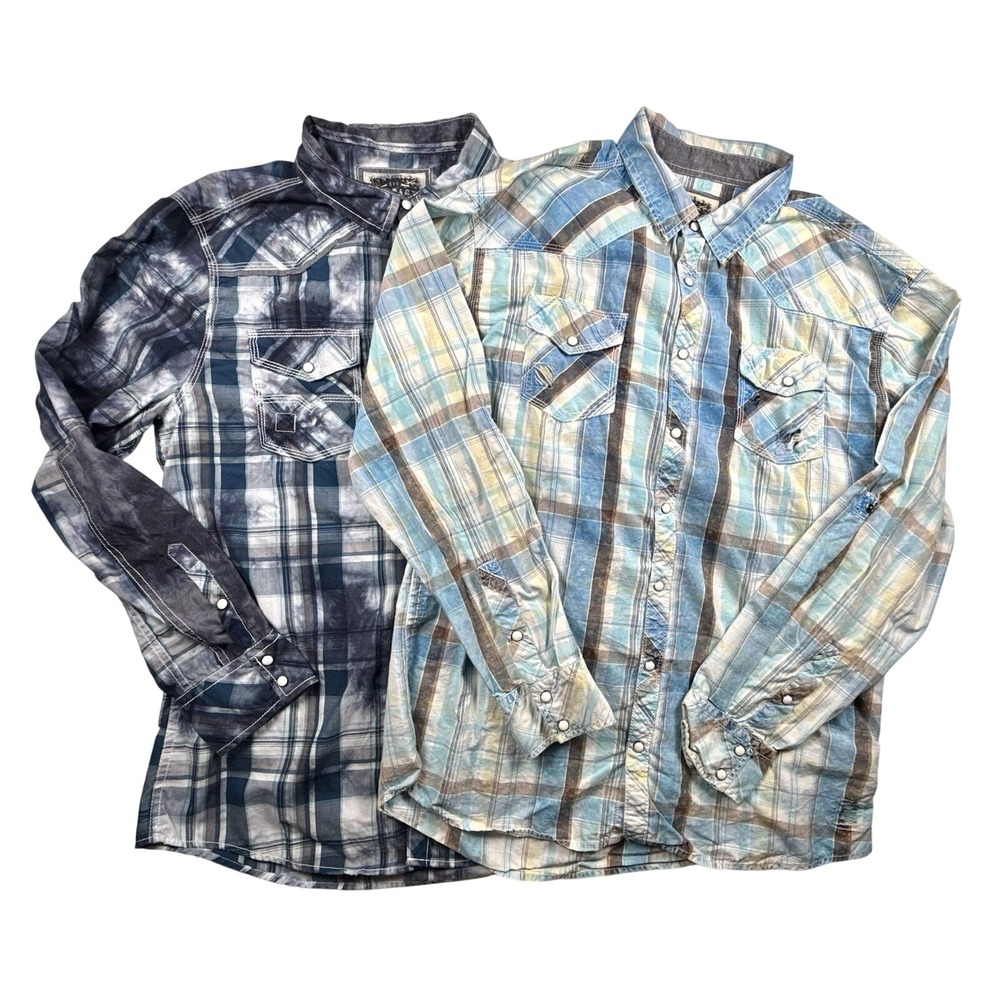 LOT of 2 BKE Plaid Pearl Snap Shirts Men XL Blue Western Ranch Cowboy Rodeo VTG